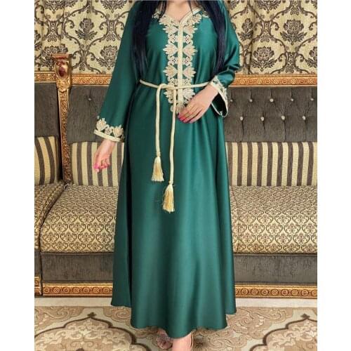 Satin Maxi Dress for Women Abaya Dubai Turkey Muslim Dresses Moroccan Caftan Elegant Lady Jelaba Islamic Clothing Robe Green