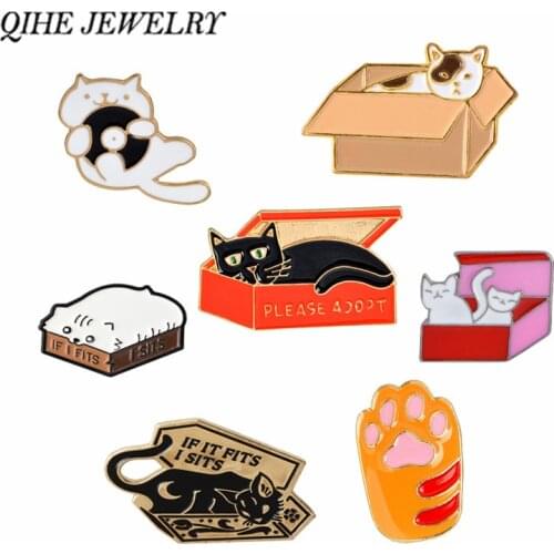 QIHE JEWELRY Cat In A Box Pins Collection Paw Cat Print Brooches Cat Lapel pin Kitty Badges Women Girl Animal lover Jewelry