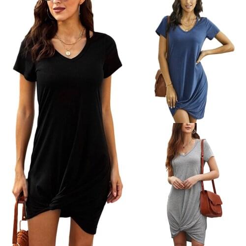 Hirigin Fashion Women Solid Color All-match Dress Adults Twist Knot Cutout V-neck Short Sleeve Scheming Hollow Slim Short Skirt