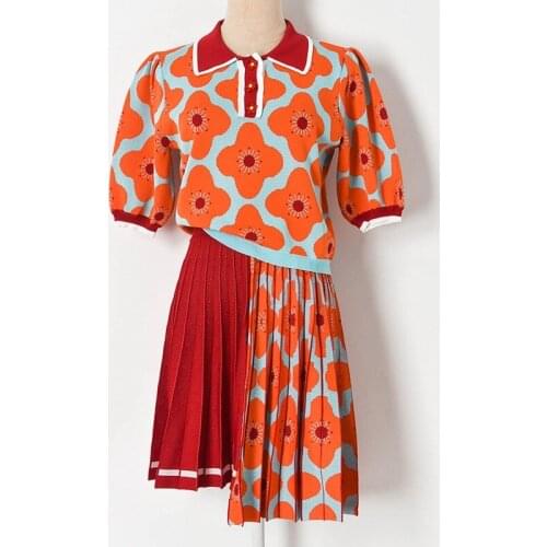 Vintage Flower Jacquard Weave Knit T-shirt Sweater&asymmetrical Knitted Pleated Skirt Winter Spring 2 Pieces Set Women Clothing