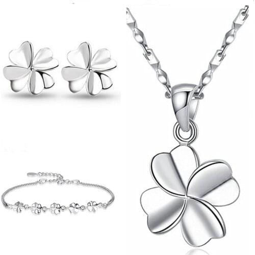 Vintage 925 Silver Bracelet Earrings Set Girl Valentines Day Gift Charms Clover Pendant Women Choker Necklace Sets Female Bijou