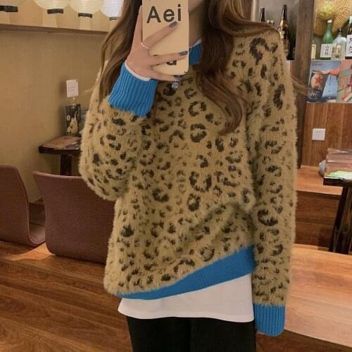 Leopard print hit color patchwork retro sweater elegant termperament loose oversize pullovers lazy style soft mohair tops 2021