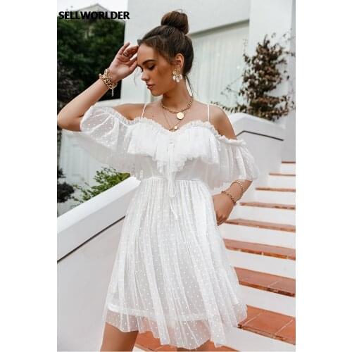 Women Holiday White Polka Dot Embroidery Spaghetti Dress Lace up V-neck A-line Beach Dresses White High Waist dress Vestidos