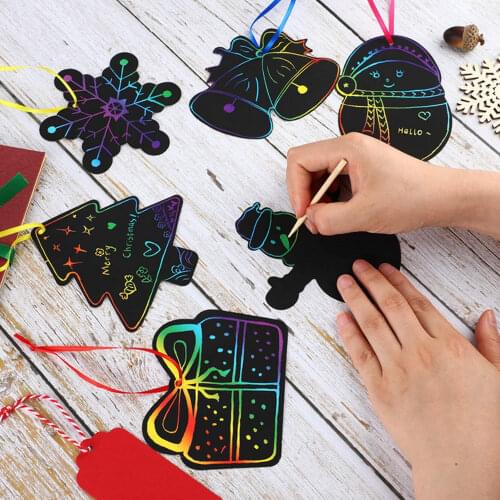 24PCS Scratching Card Rainbow Color Christmas Tree Ornaments Scratching Paper Chirldren Drawing Toy Christmas Gifts