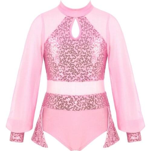 Kids Girls Leotard Dress Sparkly Sequins Keyhole Tulle Splice Split Sleeves Dress Modern Contemporary Ballroom Dance costume