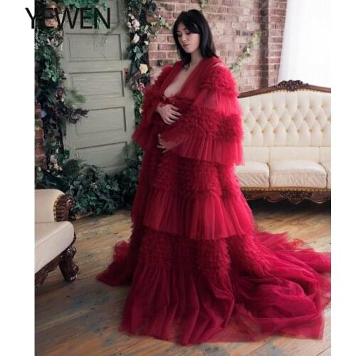 Tiered Ruffles Tulle Robe Long Evening Party Dress Maternity Moms Pregnancy Photoshoot Outfits Vestidos De Fiesta De Noche YEWEN