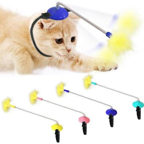 Cat Toys Interactive Head-mounted Funny Feather Toy Self-hey Cat Spring Stick Pet Training Supplies for Kitten Cat Dropship