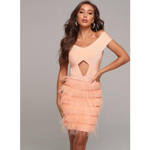 2020 Summer Elegant Light Orange Tassel Bandage Dress Short Sleeve Backless Off The Shoulder Sexy Fashion High Quality Wholesale