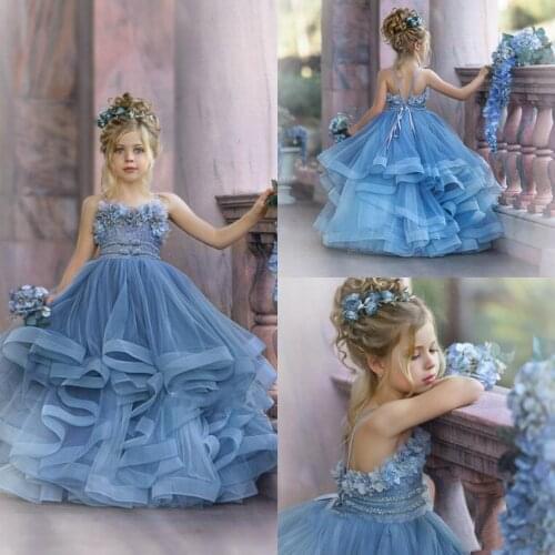 Cute Flower Girl Dresses For Wedding Spaghetti Lace Floral Appliques Tiered Skirts Girls Pageant Dress A Line Kids Birthday Gown