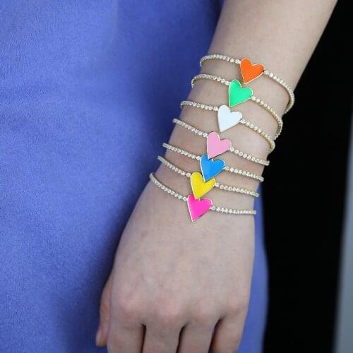 Fashion Heart Charm Jewelry Gold Color 7 Colorful Neon Enamel Colorful 5A Cubic Zirconia CZ 2MM Tennis Chain Bangle Bracelet