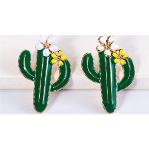 Trendy Cute Green Cactus Drop Earrings Boho Handmade Statement Stud Dangle Earrings Enamel Flower Decor Women Ear Jewelry Gift