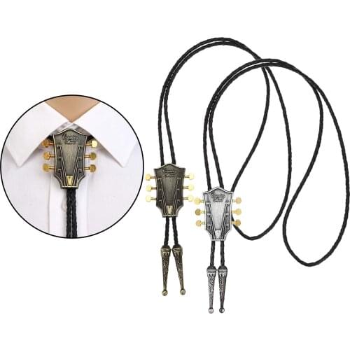 Vintage Cowboy Guitar Head Alloy Mens Bolo Tie Leather Rope Long Necklace Sweater Chain Shirts Necktie Men Accessories
