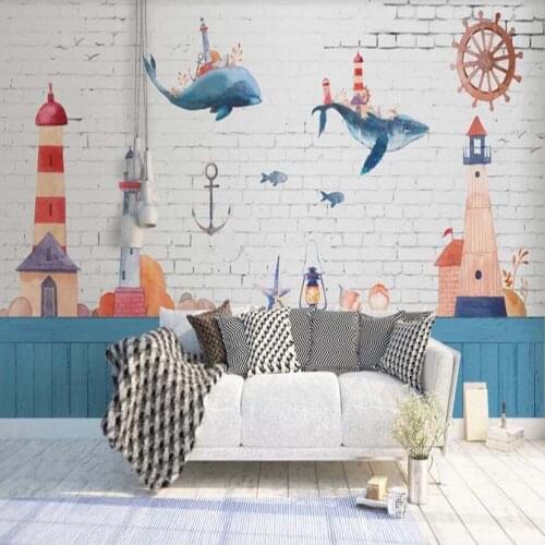 Kids Bedroom Wall Decor Dolphin Blue Ocean Brick Backsplash Wall Mural Decal 3D Wallpaper Mural Printed Photo Wall Papers Roll