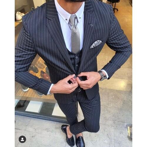 2021 New Stripe Men Suits Slim Fit Wedding Costume Homme Groom Tuxedos Suit Prom Mariage Terno Masculino 2 Pcs (Jacket+Pants)