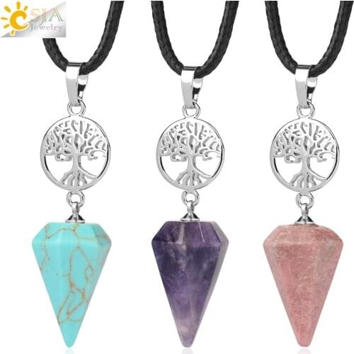 CSJA Cone Crystal Necklaces Natural Stone Pendant Necklace Healing Tree of Life Rose Crystals Quartz White Crystal Howlite G771