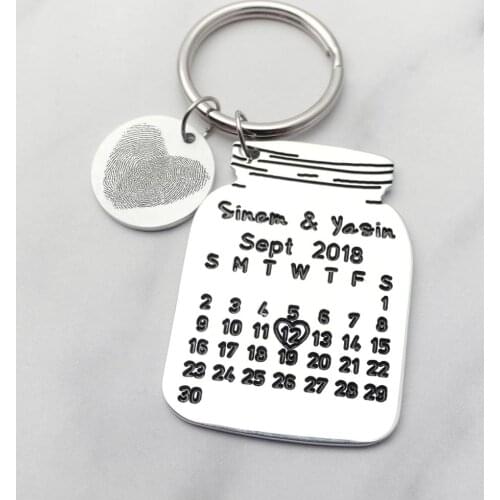 Personalized Calendar Keychain,Actual Fingerprint Key Chain,Engraved Calendar Keyring,Custom Anniversary Gift
