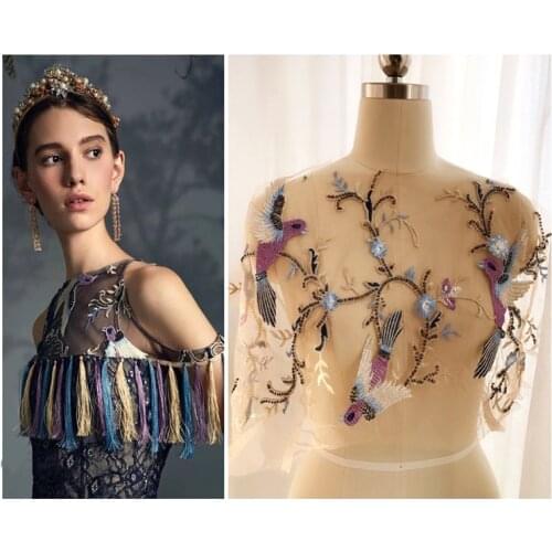 Millet Beads Embroidery Applique Multicolor Flying Bird Lace Fabric Patch RS1657