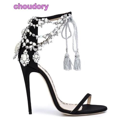Luxury Brand Bling Bling Crystal Sandals Glittering Drape Pearls Shoes Lace-up Tassel Pumps Black Suede Thin Strap Shoes