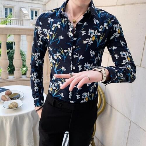 Floral Print Shirts for Men 2021 Spring Vintage Slim Fit Long Sleeve Shirt High Quality Male Clothing Social Party Chemise Homme