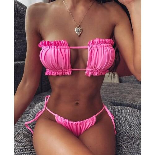 Sexy Bikini 2021 Pleated Bandeau Swimsuit Female Swimwear Women Mini Thong Bikini Set Bather Swimming Beachwear for Bathing Suit