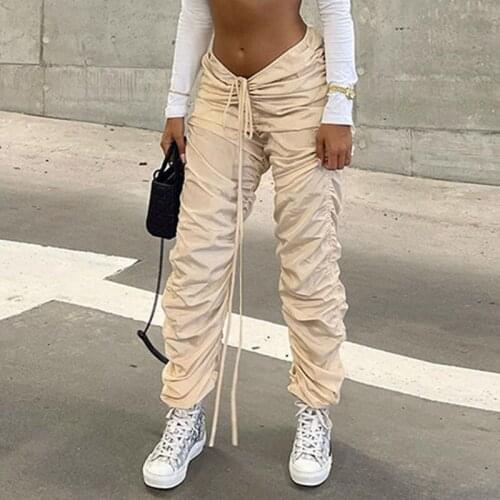 Shirring Pant Drawstring Ruched Stacked Mid Waist Trousers Women Clothing Casual Solid Hip Pop Autumn Fitness Hipster Sweatpants