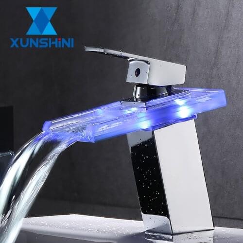 XUNSHINI LED Change Bathroom Basin Faucet Glass Waterfall Brass Bathroom Mixer Tap Deck Mounted Basin Sink Water Tap