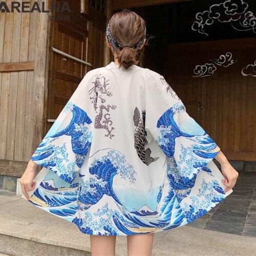 The Great Wave Off Kanagawa Women Japanese Kimono Traditional Cardigan Kimono Coat Unisex Thin Loose Ukiyo-e Dragon Outfit Cape