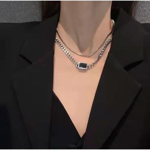 Trend Blackstone Multi Layer Necklaces For Female Black Gold Tone Dainty Sweater Chain Geometric Simple Jewelry Prom Accessories