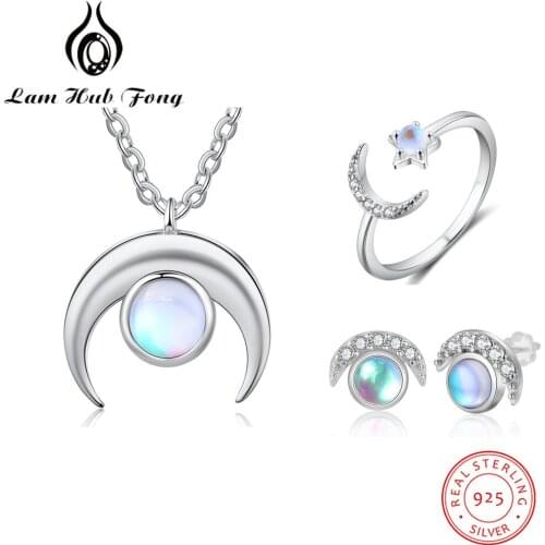 Moonstone Jewelry Sets 925 Sterling Silver Pendant Necklace Ring Earrings with Zircon Wedding Party Jewelry Sets (Lam Hub Fong)