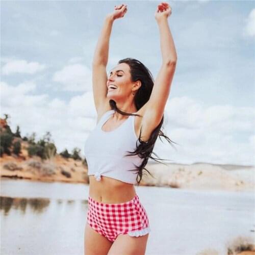 Biquinis Feminino 2021 Women Two-piece Bathing Suit Solid Color Crop Top Ruffle Plaid Thong Fashion Bikini Set Bikinis Set