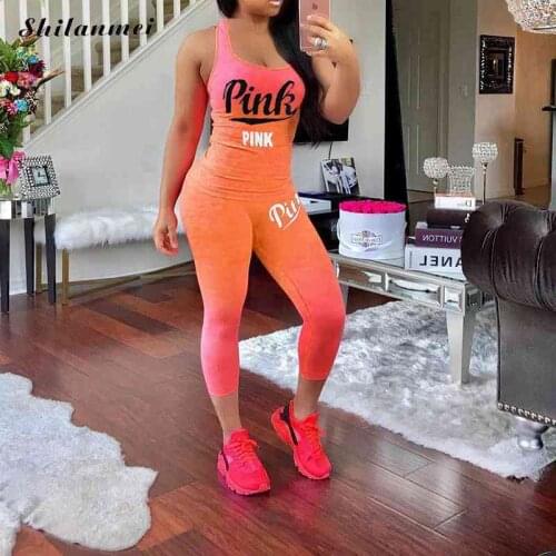 Pink Letter Print Sets Women Casual Plus Size Tracksuit 3xl WomenS Gradient 2 Pieces Set Sleeveless Fitness Suits Sportwear