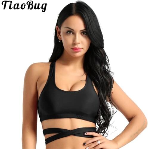 TiaoBug Women Strappy Ballet Dance Tops Sleeveless Padded Sports Workout Yoga Crop Top Bra Female Gymnastics Leotard Short Tops