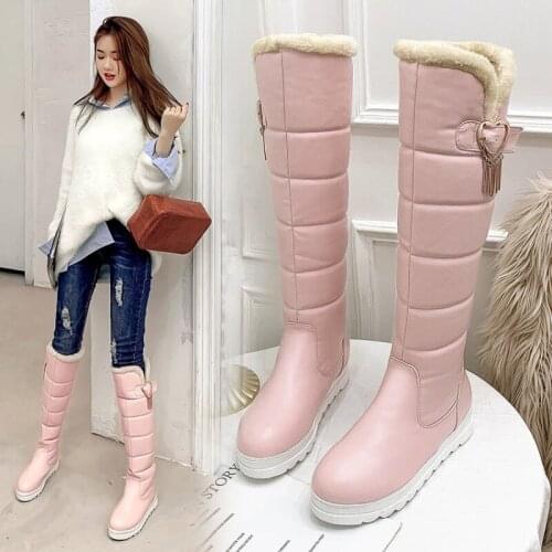 Winter Snow Boots Thick Fur Warm Knee High Boots Women Round Toe Flat Comfortable Platform Metal Decoration Female Shoes MAZIAO