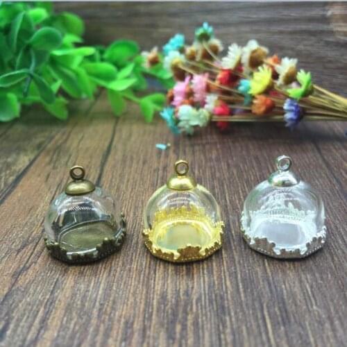 5sets/lot 15mmhalf round glass globe dome bronze silver/gold color crown base beads cap set glass globe set glass vial pendant