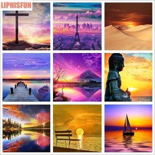 5D DIY Diamond Embroidery Diamond Painting Full Square/Round Resin Cross Stitch Home Decor Sunset Buddha Effel Tower Boat