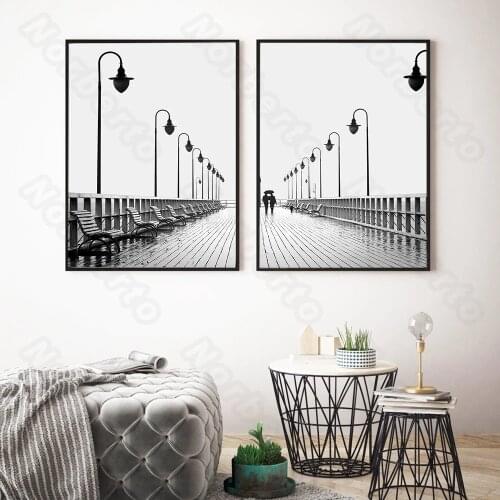 Modern Style Canvas Painting Off-White Pictures Wide Highway and Street Lamps Poster for Living Room Bedroom Home Wall Decoratio