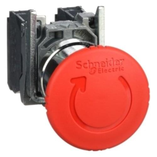 XB4 Emergency stop button Ø 22-mushroom head Ø 40 red-rotation release one normally open one normally closed nickel-plated metal
