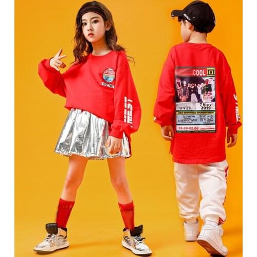 Red Sweatshirt Pants for Boys Girls Hip Hop Street Dance Skirt Jazz Ballroom Dancing Outfit Kids Cheerleading Costumes XS1225
