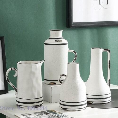 Creative Ceramic Vase White Handle Kettle Shape Black Border Flower Arrangement Hydroponics Accessories Flower Vase Decoration