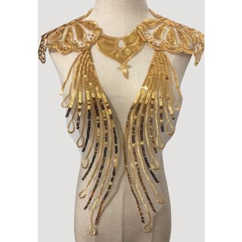 1 Set Gold Sequin Lace Fabric Appliques DIY Embroidered Collar Mesh Sew On Patch For Wedding Dress Decoration Accessories