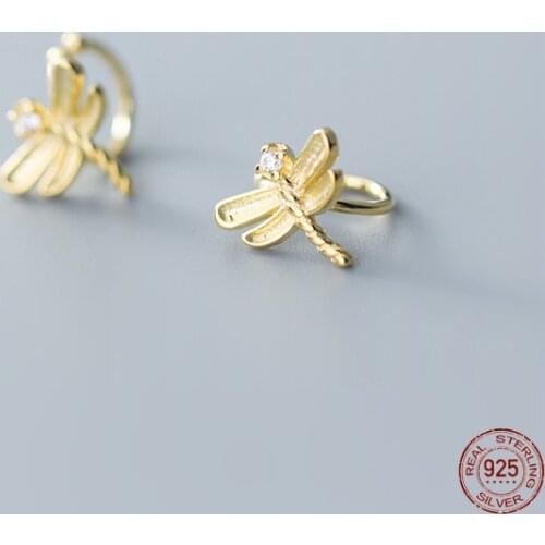 LKO 925 Sterling Silver Insect Series Dragonfly Ear Clip Earrings Ear Cuff for Women Lady Without Piercing Earring Jewelry