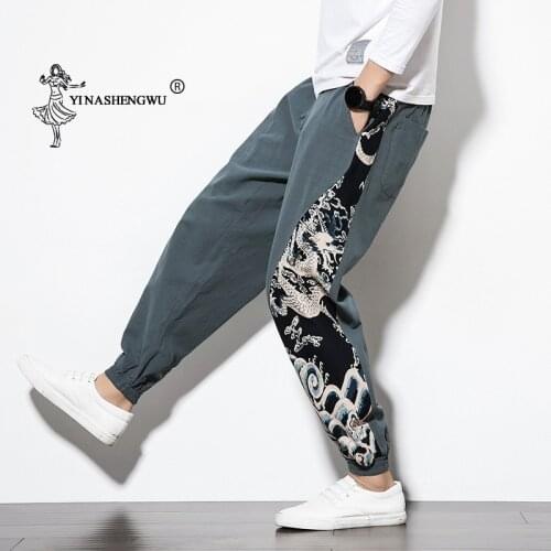 Fashion Japanese Kimono Print Pants Asian Male Costume Casual Long Pants Kimono Yukata Harajuku Harem Pants Side Print Trousers