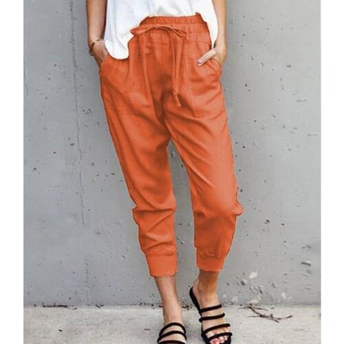 Fashion Womens Summer Ladies Lace-Up Nine Points Comfortable Pants High Waist Solid Color Slim Pockets Trousers Free Shipping