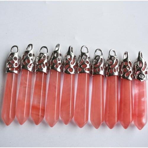 Wholesale 10pcs/lot Fashion good quality Watermelon red stone Hexagonal pillar charms pendants 12x50mm for jewelry making