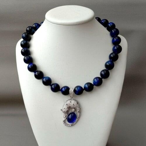 18" Round Blue Tiger Eye Necklace CZ Pendant