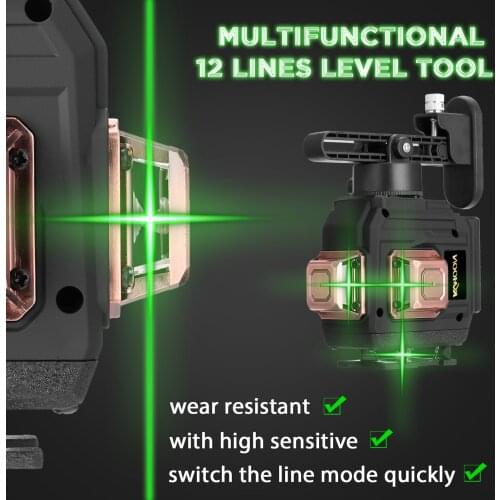 Professional 3D 12 Lines Laser Level Tool Vertical Horizontal Lines with Self-leveling 360 Degree Green Laser Leveling Device