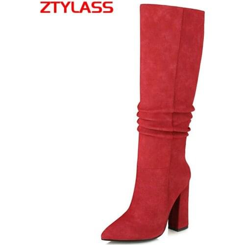 Pleated Women Boots Flock Leather Square High Heel Knee High Boots Slip On Long Boots Autumn Winter Ladies Boots
