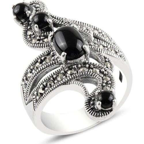 Silver 925 Sterling Onyx & Marcasite Ring