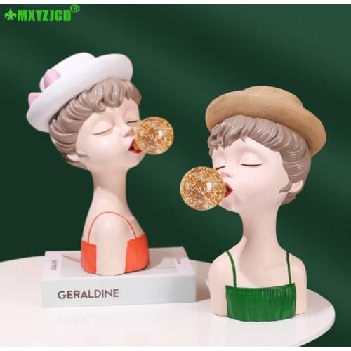 Nordic Fashion Cartoon Bubble Blowing Girl Statue Ornament Bow Hat Wedding Gift Living Room Coffee Table Wine Cabinet Decoration
