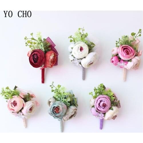 YO CHO Artificial Silk Rose Flower Boutonniere Groom Corsage Bridal Wrist Corsage Bracelet Party Prom Meeting Wedding Supplies